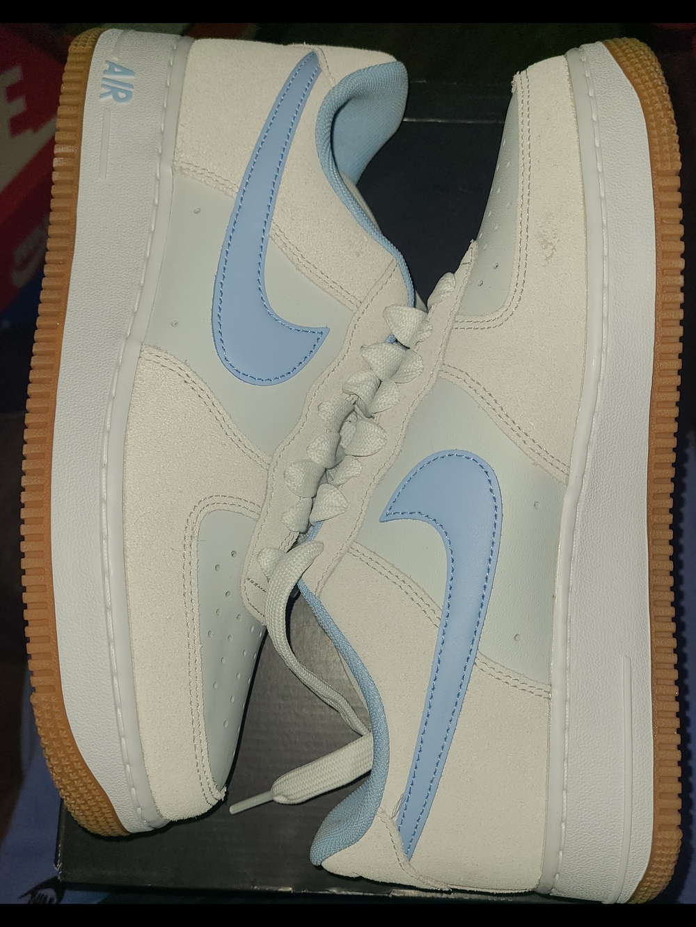 Nike Air Force 1s Men’s Sneakers White and Light Blue with Gum Sole